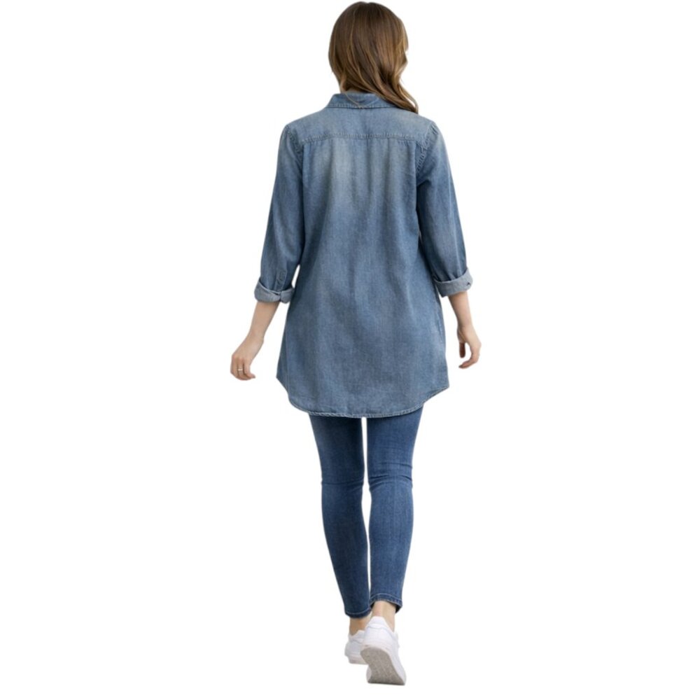 Leshop Women's Acid Wash Denim Shirt Dress | Oversized Fit & Flare | Pockets - Picture 4 of 8